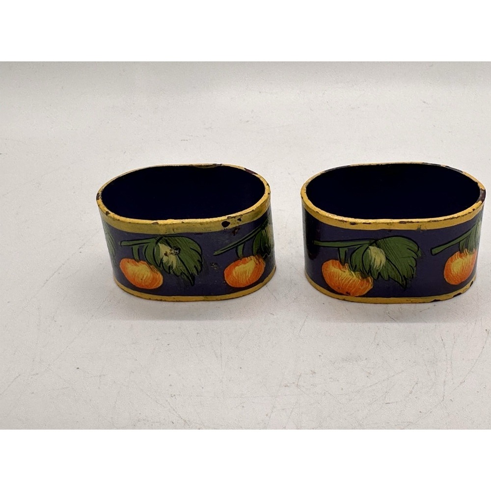 Pair Hand Painted Metal‎ Napkin Rings Italian Tuscan Citrus Fruit Blue Decor